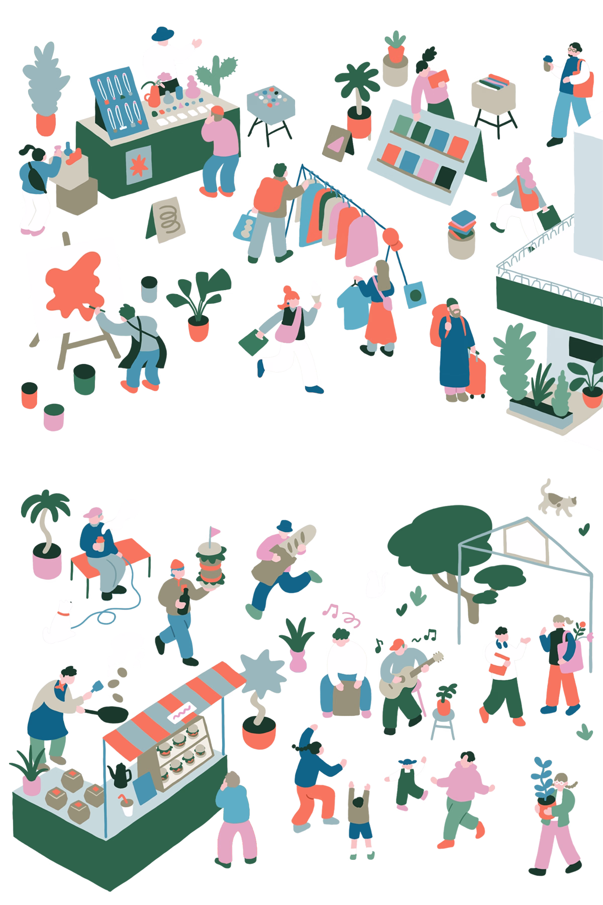 Illustration of characters doing various activities